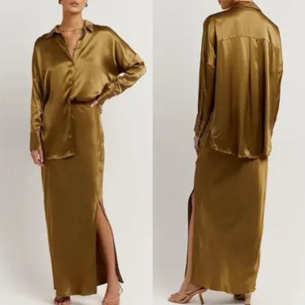 DISSH Simone Pearl Satin Shirt in Golden Olive Chartreuse Size 6 - Picture 2 of 16